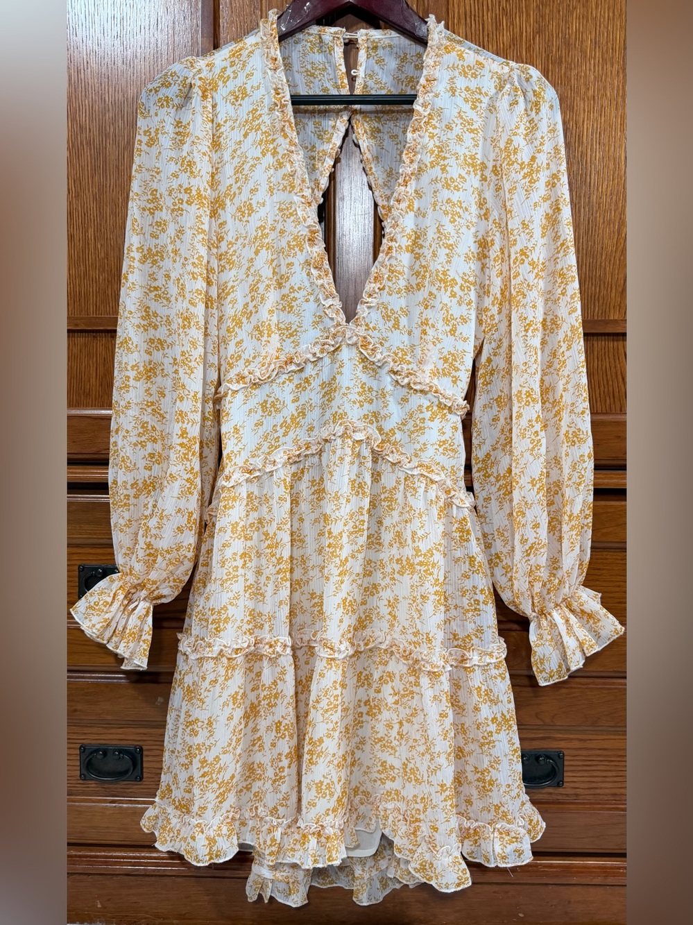 Windsor Spring Fling Mustard Floral Ruffle Tiered Deep Plunge Mini Dress Chiffon